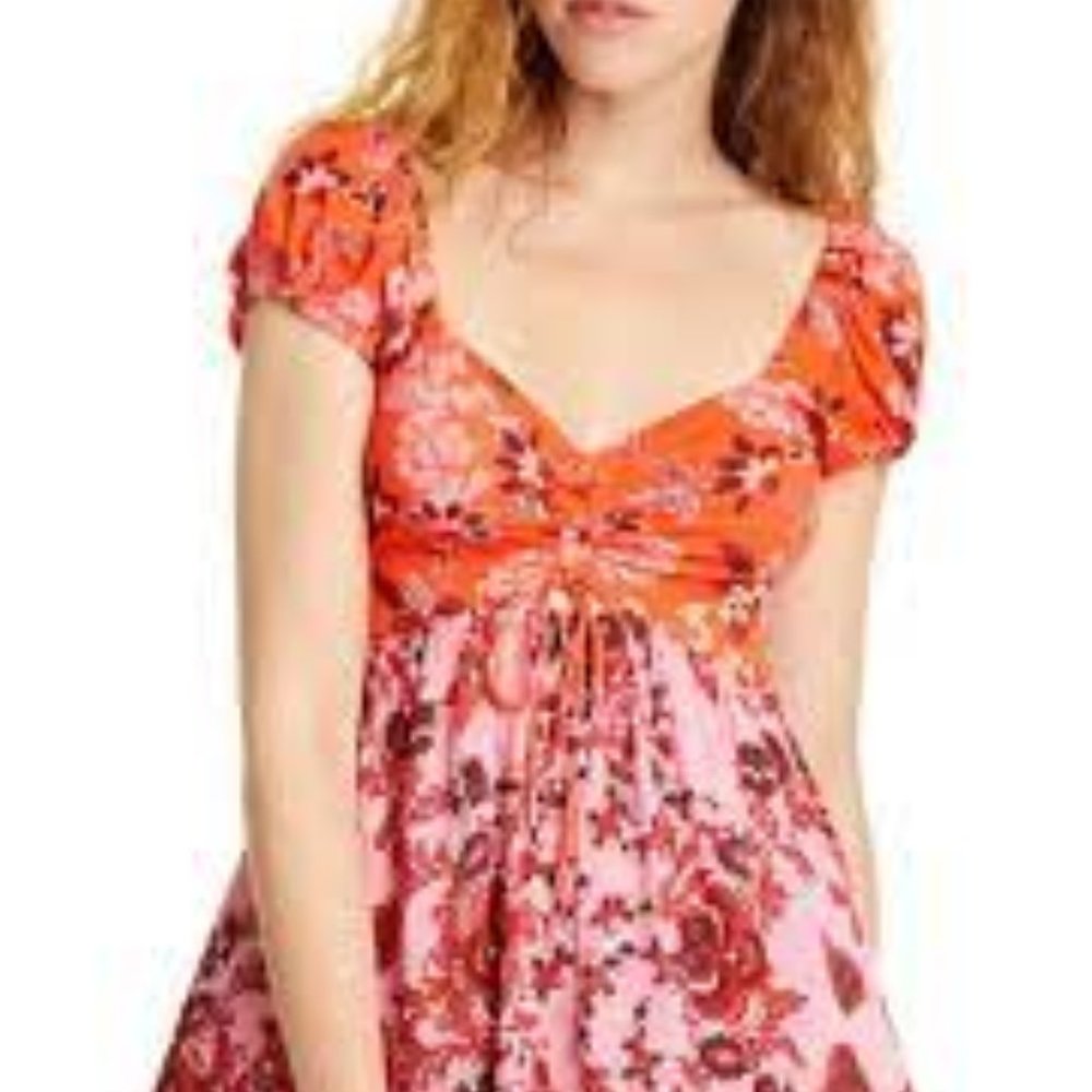 Free People La Bamba Babydoll Printed Top Hawaiian Sunset Pink Orange - Picture 2 of 4
